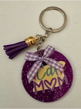 Purple 'Cat Mom' Tassel Keychain with Purple Gingham Bow